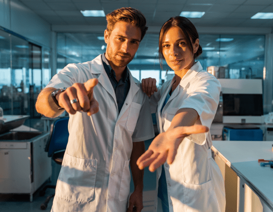 Zwei Personen zeigen auf den Betrachter