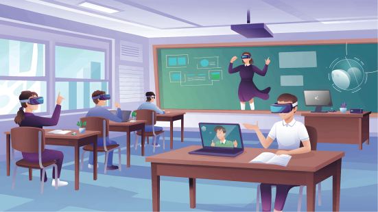 Ein Klassenraum, wo Leute VR-Brillen nutzen.