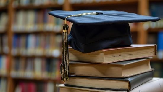 Bücherstapel mit Absolventenhut