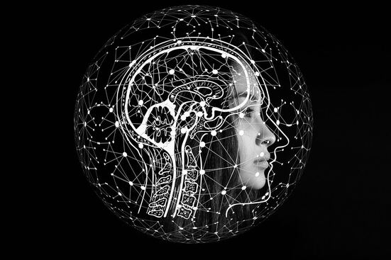 Schwarz-weißes Bild eines menschlichen Kopfprofils mit sichtbarer Gehirnstruktur, umgeben von einem Netzwerk aus verbundenen Punkten und Linien, das künstliche Intelligenz und digitale Vernetzung symbolisiert.