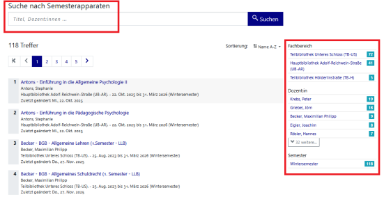 Beispiel einer Suche nach einem Semesterapparat im Katalog plus