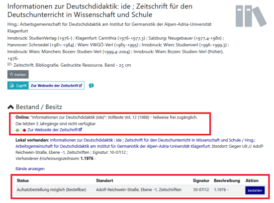 Beispiel der Anzeige eines Zeitschriftentreffers im Katalog plus