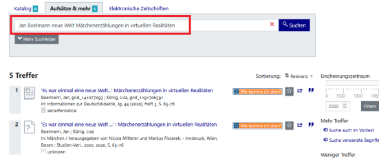 Beispielsuche nach einem Zeitschriftenaufsatz im Katalog plus, Bereich "Aufsätze und mehr"