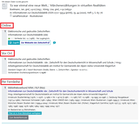 Beispiel einer Bestandsanzeige nach der Nutzung der Funktion "Wie komme ich dran"