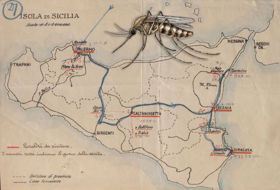 Historische Karte zum Thema Malaria in Italien. Collage mit einer Stechmücke.