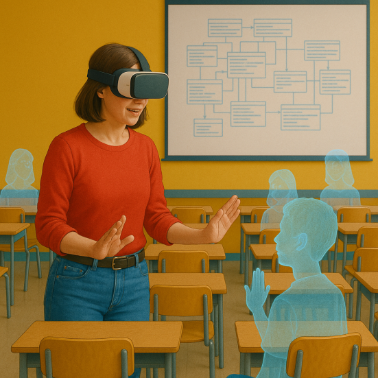 Lehrerin mit VR Brille in Klassenraum