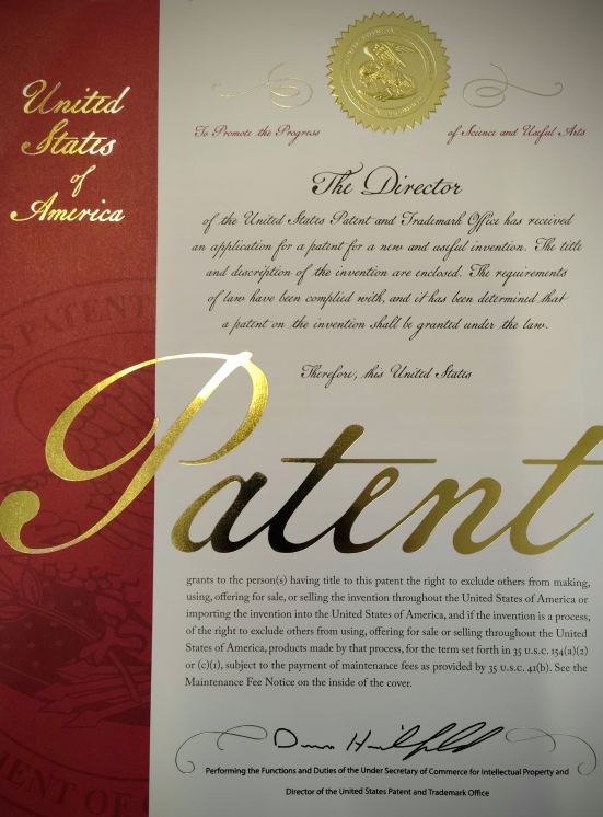 Patenturkunde des USPTO