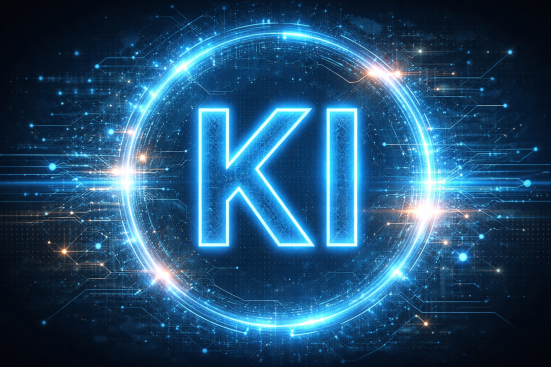 Leuchtendes „KI“ in einem digitalen Kreis mit Netzwerk- und Schaltkreis-Motiven.