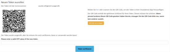 Bestätigung mit Feld zur OTP-Eingabe und Button "Token verifizieren"