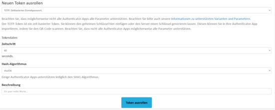 Tokenauswahl mit Feldern für Tokendaten; Details in der Beschreibung