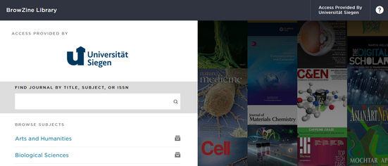 Startseite der Webversion von BrowZine