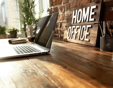 Laptop auf Schreibtisch im Homeoffice