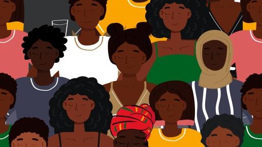 Illustration einer vielfältigen Gruppe von Menschen mit unterschiedlichen Hauttönen, Frisuren und Kleidung, die zusammenstehen