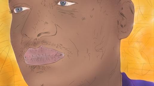 Mann auf gelben Hintergrund mit violettem Shirt