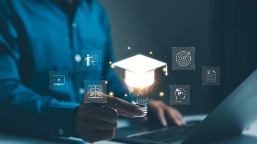 Eine Person mit einer Glühbirne, die E-Learning symbolisiert, mit Symbolen für Bildung, Online-Kurse und Zertifizierungsprogramme, die Zukunft der digitalen Bildung