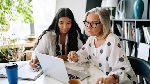 Zwei weiblich gelesene Personen sitzen zusammen am Schreibtisch und gucken gemeinsam in einen Laptop.