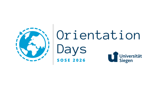 Weltkugel mit Pfeil drumherum, rechts Text und Unilogo