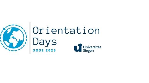 Weltkugel mit Pfeil drumherum, rechts Text und Unilogo