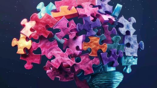Stilisiertes Gehiern in Form von bunten Puzzleteilen