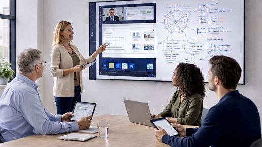 some people gathered and are looking at a digital whiteboard