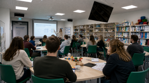 Vortragssituation in der Mathewerkstatt der Universität Siegen mit Dozentin und Studierenden an Gruppentischen, die einer Präsentation folgen.