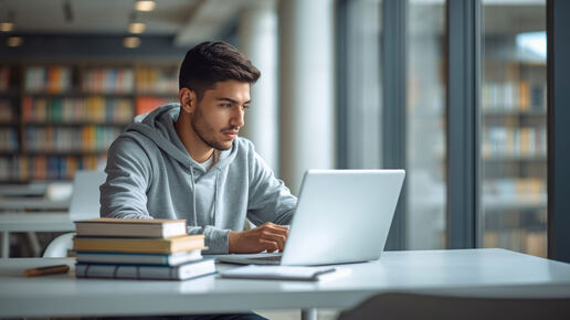Junger Mann, der vor einem Laptop sitzt und neben dem ein Bücherstapel liegt