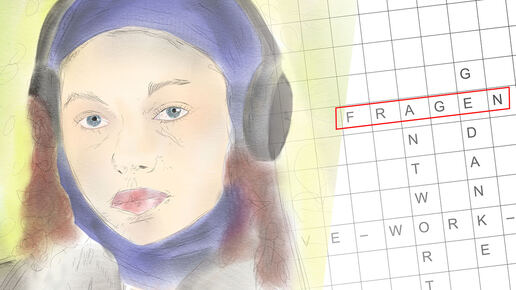 girl with headphones beside crossword puzzle with the word "Fragen"