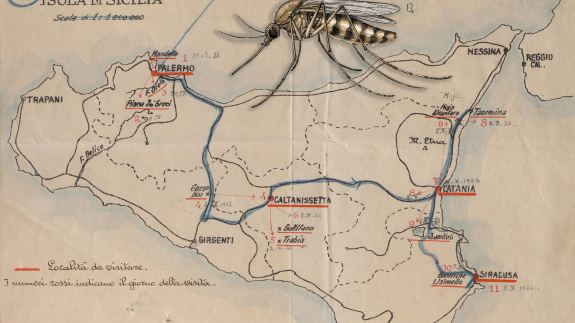 Historische Karte zum Thema Malaria in Italien. Collage mit einer Stechmücke.