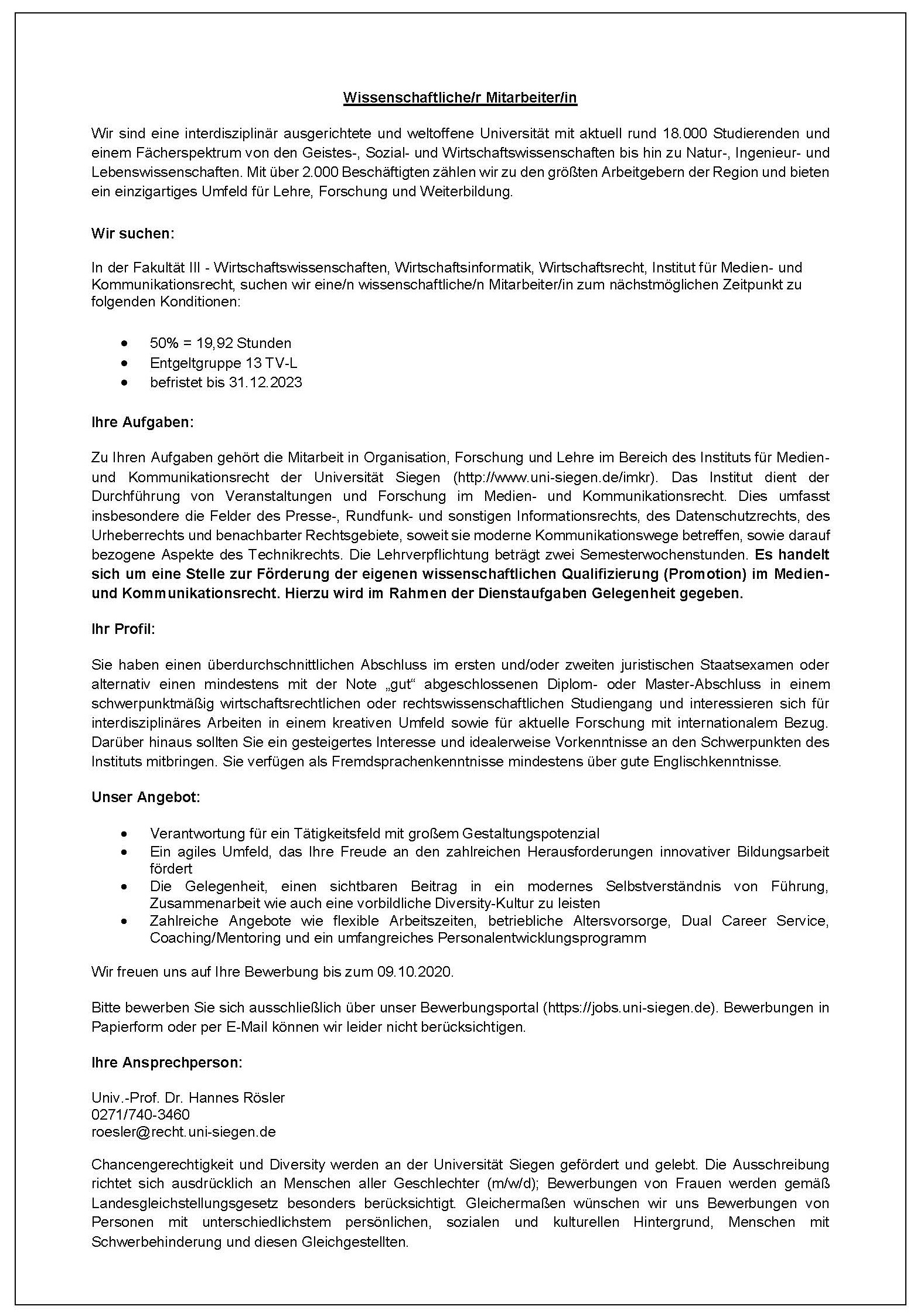 Stellenausschreibung WissMit 2020-III-IMKR-WM-120