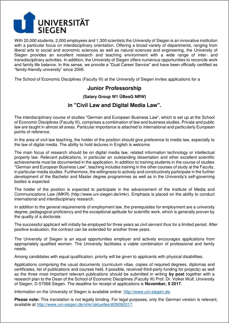 Job Advertisement - Univ of Siegen - Jun.-Prof.